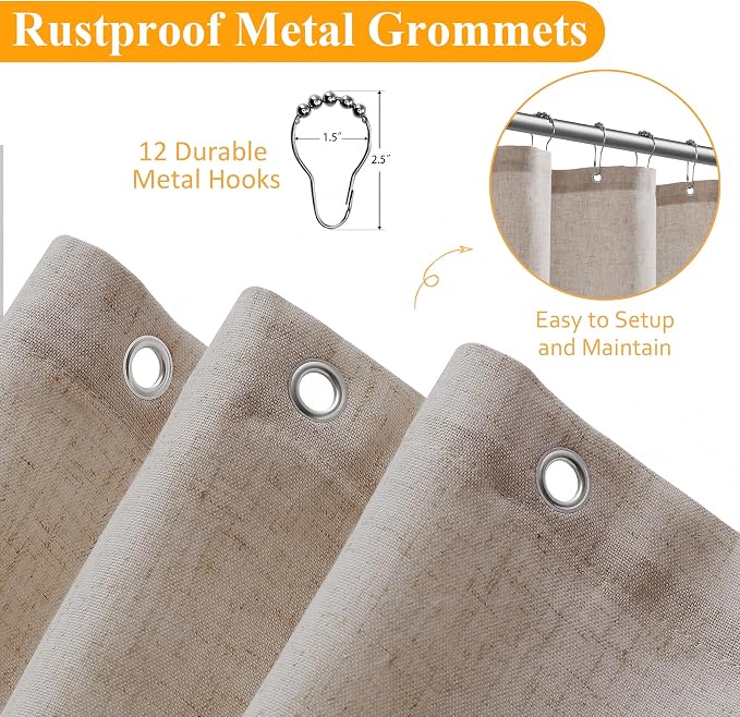 Linen Shower Curtain 78 Inch Long Shower Curtains Set with Hooks for Bathroom Boho Farmhouse Fabric Neutral Cloth Modern Cottage Core Waterproof,Taupe Burlywood