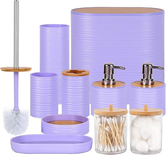 10 PCS Purple Bathroom Accessories Set with Trash Can Bathroom Accessory | All-in-One Kit with Trash Can,Toothbrush Holder,Soap Dispenser,Toothbrush Cup,Vanity Tray,Soap Dish,Toilet Brush etc for Home