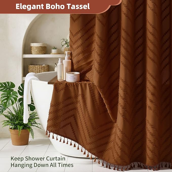 Siiluminisoy Orange Shower Curtain Vintage Boho Shower Curtain Textured Tufted Chevron Rust Shower Curtains for Bathroom 72" x 72"