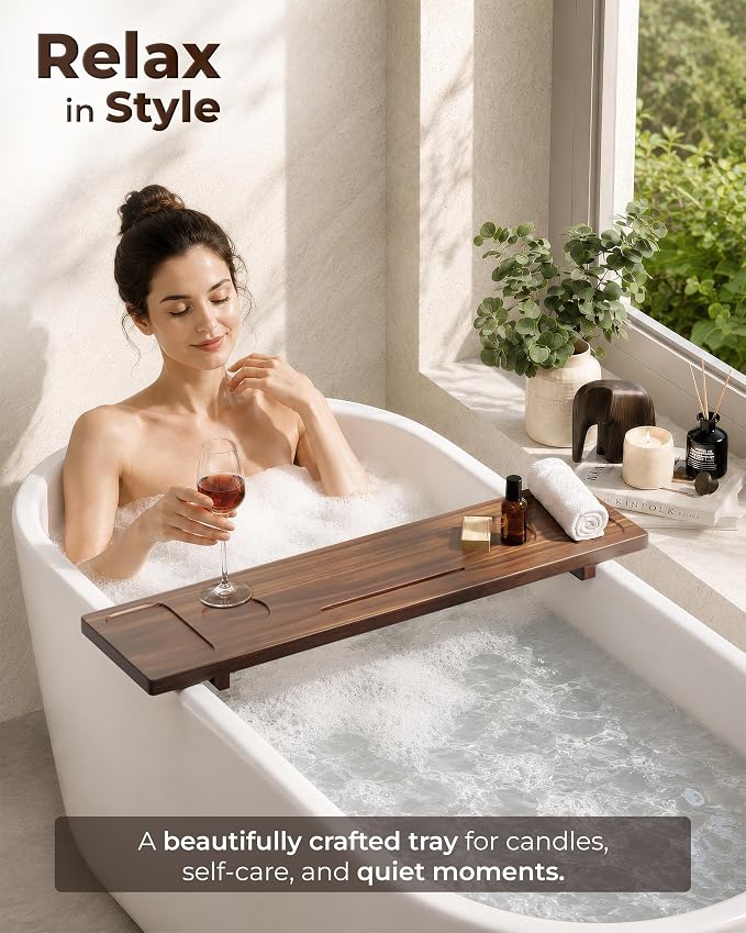 Acacia Wood Bathtub Caddy Tray 34.6" Adjustable Bath Tray for Tub | Bathtub Tray With Non-Slip Grip, Water-Resistant Wood & Stable Expandable Design Keeps Bath Essentials Secure & Within Reach