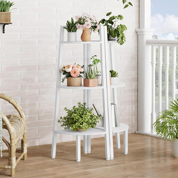Hoctieon Corner Shelf, 3-Tier 40" Tall Corner Bookshelf, Rustic Ladder Shelf, Industrial Display Stand for Living Room, Kitchen, Home Office, Balcony, Small Space, Metal Frame, White
