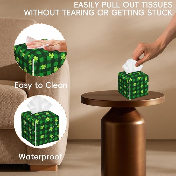 Tissue Box Cover Leather Tissue Box Holder Cube Tissue Case Cover Facial Paper Organizer Dispenser for Bathroom, Vanity Countertop, Office Desk (Four Leaf Clovers on Buffalo Plaid Checkered)