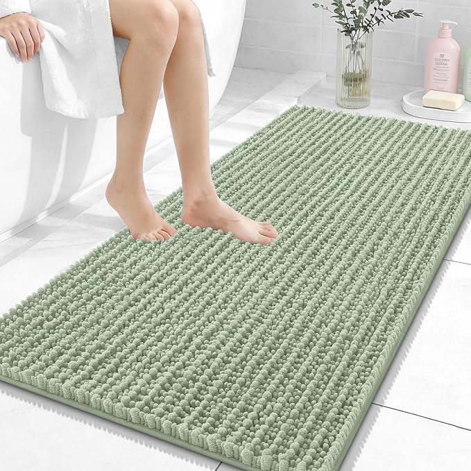 OLANLY Bathroom Runner Rugs 47x24, Thick Soft Absorbent Chenille Bath Rugs | Sage Green, Quick-Drying Rubber Backing, Long Shaggy Bath Mat, Washable for Floor, Tub and Shower, Home Decor Accessories