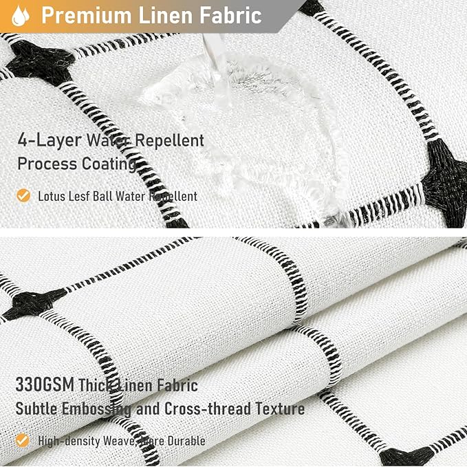 72x78 Boho Farmhouse Linen Fabric Shower Curtain Set, White and Black | Long Size, 330GSM Linen Blend, 3-side Tassels, Water Repellent Cloth, 12 Plastic Hooks, Rustic Bohemian, Machine Washable