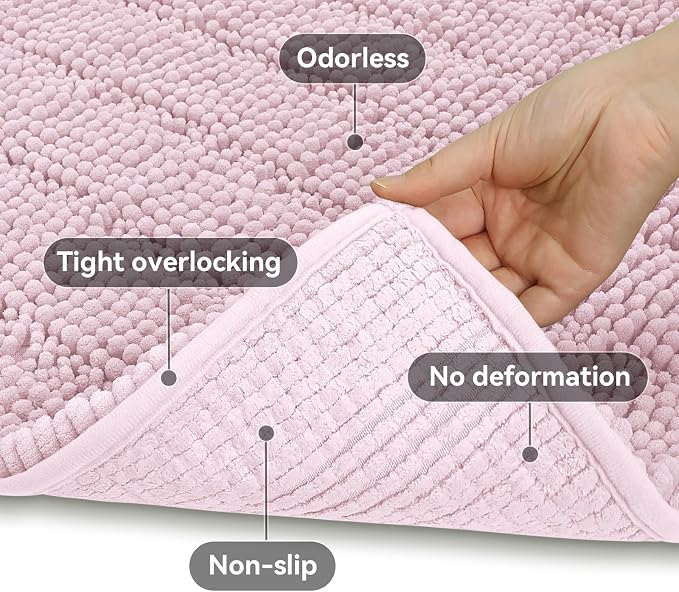 Bcoimo Bath Rug Mat,30x20 Chenille Non Slip Pink Bathroom Floor Shower Mats | Extra Soft Bathroom Rugs;Non Slip with Rubber Backing Bath Mats;High Absorbent And Quick Dry Microfiber mat; Machine Washable