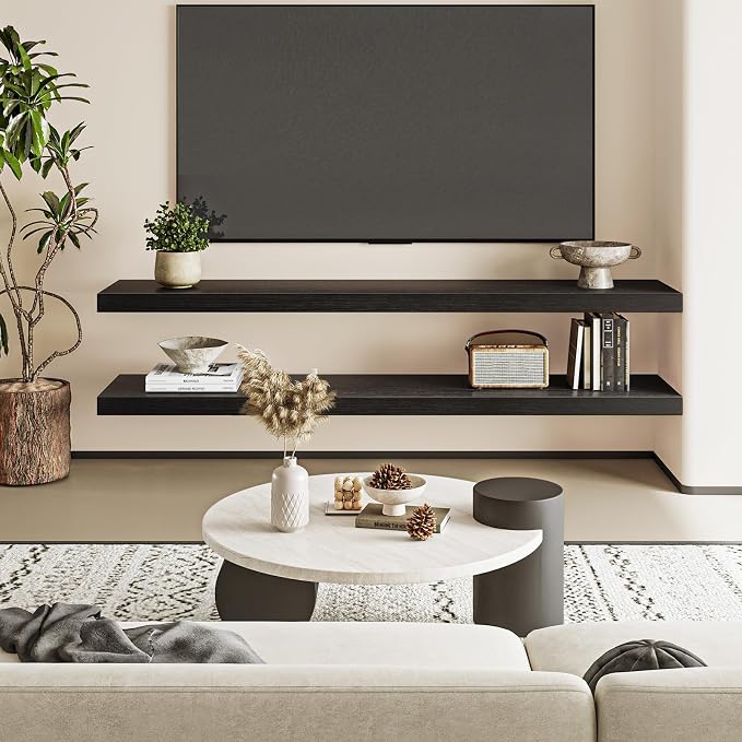 Fixwal Floating Wall Shelves for Decor (Black, Set of 2, 47.2Inch) | MDF Shelf with Metal Brackets, Space Saving for Books , Decor, Fits Bathroom, Kitchen, Bedroom, or Office
