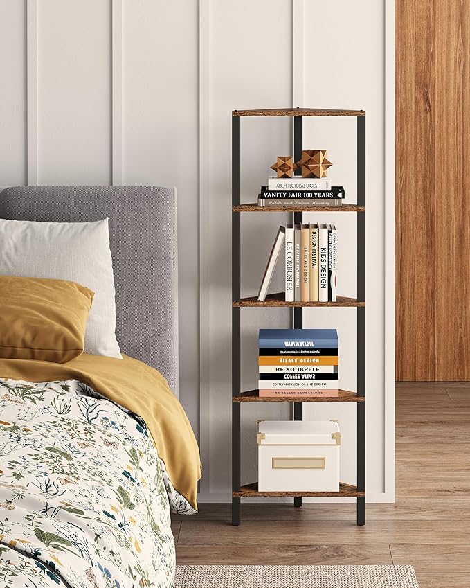 TUTOTAK Corner Shelf, 5-Tier Corner Bookshelf for Small Space | Narrow Display Corner Shelf Stand with Storage Rack, for Living Room, Bedroom, Rustic Brown BS05BB005