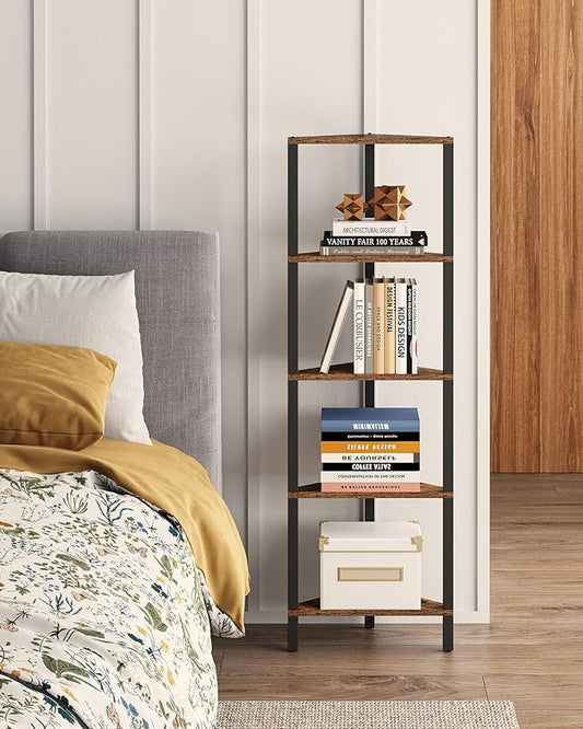 TUTOTAK Corner Shelf, 5-Tier Corner Bookshelf for Small Space | Narrow Display Corner Shelf Stand with Storage Rack, for Living Room, Bedroom, Rustic Brown BS05BB005