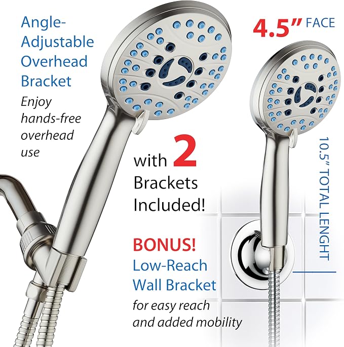 AquaCare 8-mode High Pressure Handheld Shower Head with 2-mode Power Wash | Stay Clean Nozzles, Dual Power Wash for Tub, Tile & Pets, Long 6 ft. Stainless Steel Hose, Wall & Overhead Brackets / Nickel