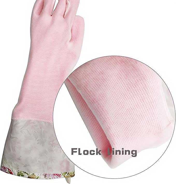 KINGFINGER PVC Latex-Free Long Dishwashing Gloves for Household Cleaning, Waterproof, 2-Pair Large with Long Cuff & Flock Lining