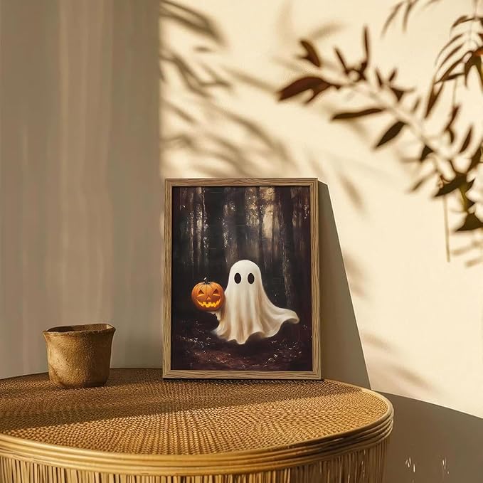 Vintage Halloween Ghost Wall Art, Gothic Cute Ghost Pumpkin Canvas Wall Decor Paintings, Dark Academia Spooky Fall Forest Prints Pictures for Living Room Bedroom 8x10 Inch Framed