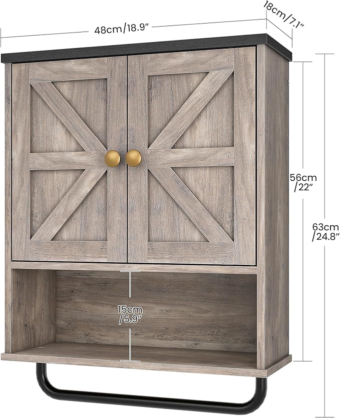 Bathroom Wall Cabinet, Medicine Cabinet with Open Partition and Towel Bar, Rustic Storage Cabinet with Open and Hidden Storage Space, for Bathroom, Living Room, Greige and Charcoal Black