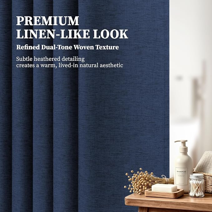 Stall Linen Textured Waterproof Shower Curtain Set, 36x72, Navy Blue | Half Size, 230GSM Polyester, Heavy Duty Fabric, Weighted Hem, 6 Plastic Hooks, Modern Luxury Hotel Style, Machine Washable