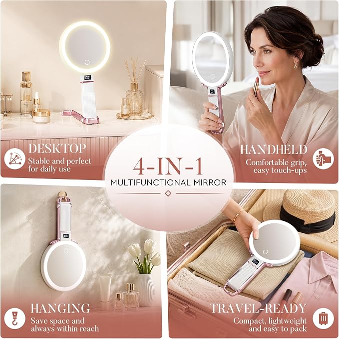 MIYADIVA Travel Makeup Mirror with Lights, Height Adjustable 30X/1X Double-Sided Magnifying Mirror, Portable Foldable Vanity Mirror with Digital Display & Phone Holder, Handheld Tabletop Hanging
