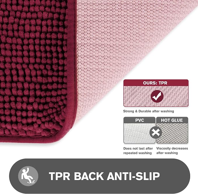 Vivid Burgundy Bathroom Rugs Sets 2 Piece – Absorbent and Washable Bath Mat, Non-Slip, Thick Soft Chenille Bath Rugs for Bathroom Floor, Shower, Sink - 17" x 24"+20" x 32"