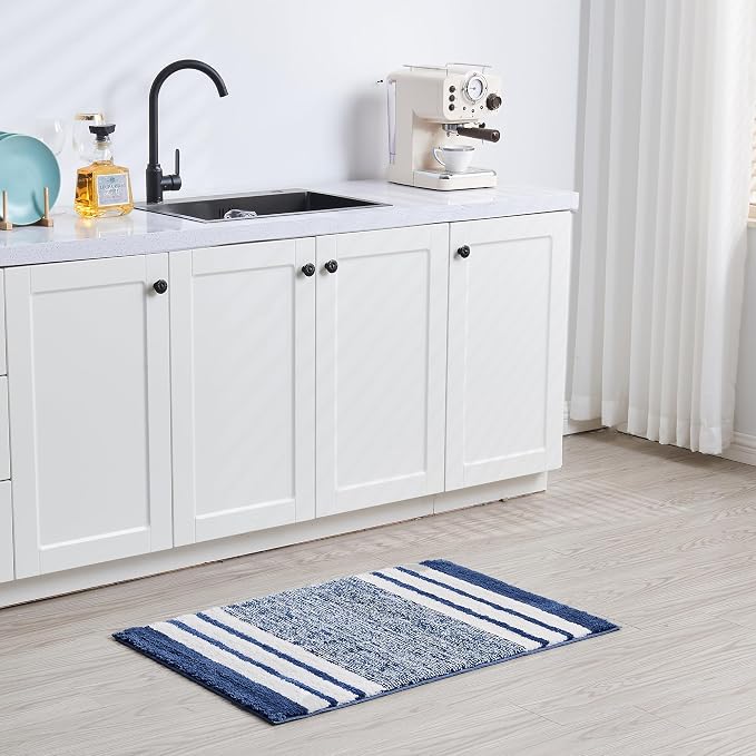 CozeCube Navy Blue Striped 36"x24" Non Slip Washable Bath Mat | For Bathroom, Fluffy Absorbent Microfiber Bath Mats Machine Wash, Stylish Large Aesthetic Bathroom Rugs
