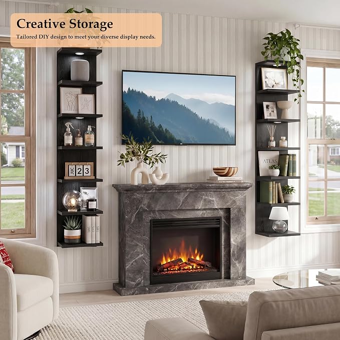 7-Tier Floating Shelves for Wall, Corner Shelf with LED Lights Lack Shelf for Home Organizer Display, Space-Saving, for Kitchen, Living Room, Bedroom, Modern, Black