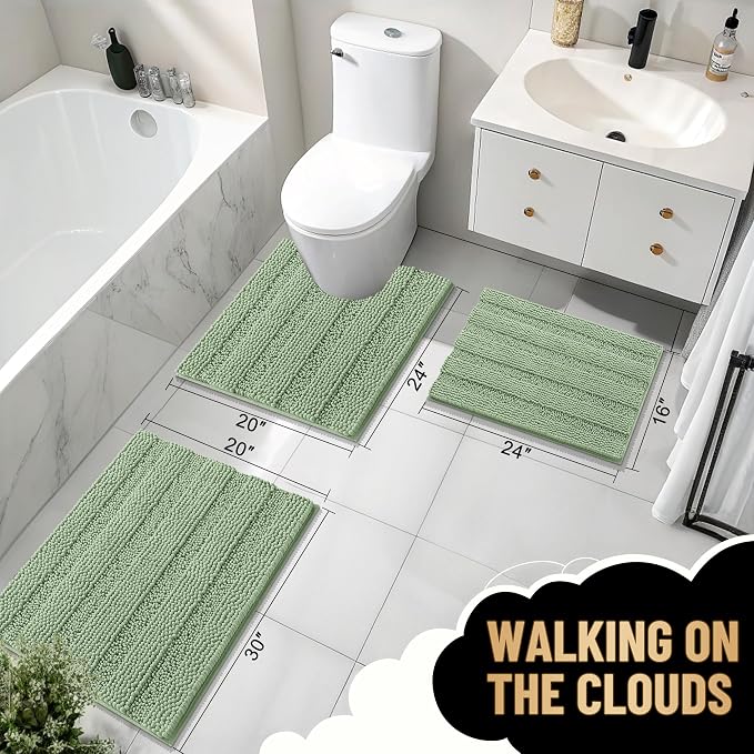OLANLY Thick Large Bathroom Rugs 44x32, Chenille Bath Rugs, Sage Green | Absorbent Striped, Rubber Backing, Machine Wash Dry, Bath Mats for Bathroom Floor, Tub and Shower, Home Decor Accessories
