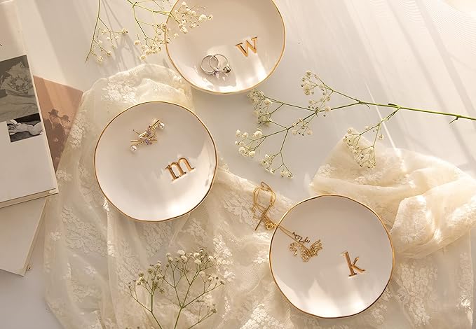 COLLECTIVE HOME Ceramic Jewelry Tray, Trinket Dish, Gifts for Women (R) | Mother's Day, Birthday, Christmas, Engagement Gifts, Vanity, Nightstand Decor, Embossed Gold Monogram Ring Dish with Gift Box