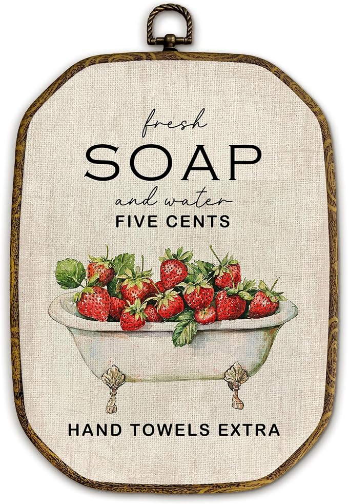 Yjeslw Vintage Strawberry Bathroom Octagon Wall Art Decor, Rustic Farmhouse Framed Canvas Prints, Cottagecore Neutral Flower Bathtub Wall Hanging Decorations for Bathroom Washroom Decor, 10.2x7 In