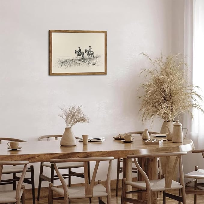Framed Western Wall Art, Cowboys on Horses Sketch Picture Print, Western Wall Decor, Vintage Country Farmhouse Western Cowboys Canvas for Living Room Bedroom Home 16x24 inch