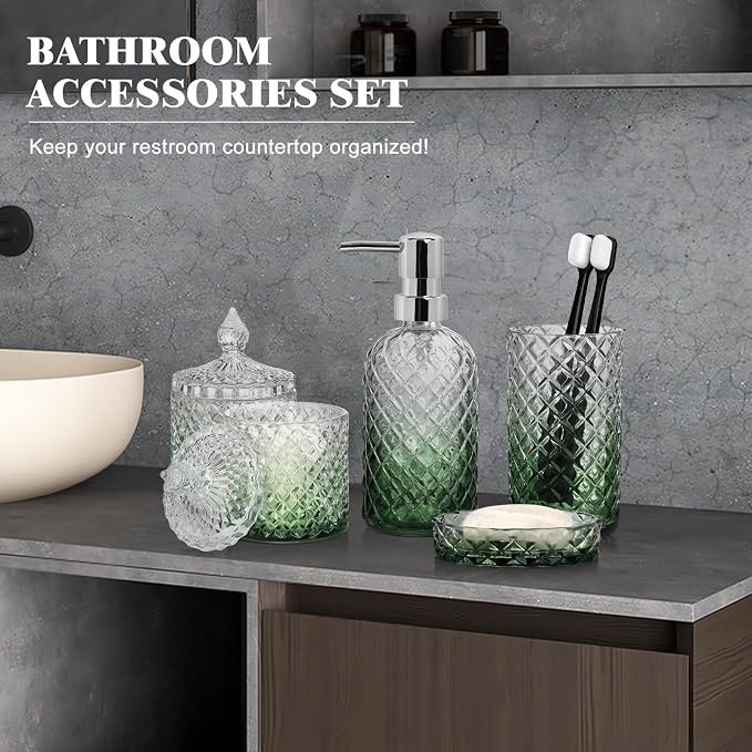 Bathroom Accessories Set, 5Pcs Bathroom Soap Dispenser Set, Glass Bathroom Accessories with Glass Soap Dispenser, Soap Dish, Toothbrush Holder, Tumbler, Cotton Swab Jar (Gradient Clear & Green)