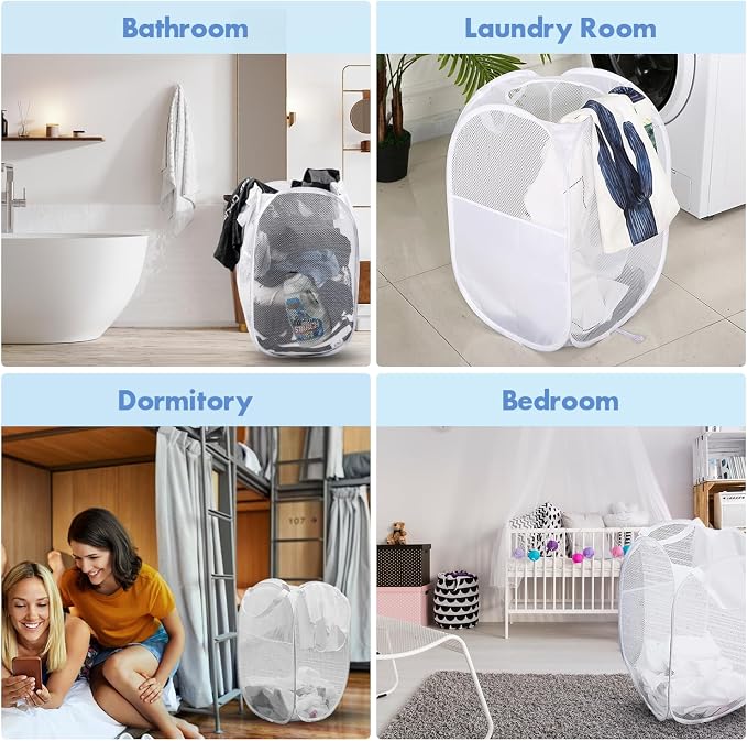 Pop Up Laundry Hamper, 70L Collapsible Mesh Laundry Basket with Side Pocket, Foldable Dirty Clothes Hamper with Sturdy Reinforced Handles for Home Dorm Bedroom Travel Storage, White, 2Pack