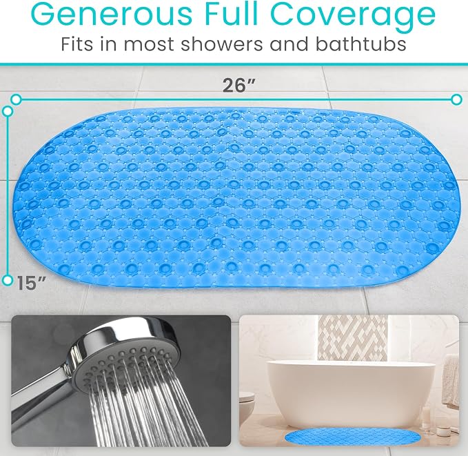 Vive Oval Bathtub Mat - Nonslip Shower Floor Pad - Non-Slip and Non-Skid | For Bath Tub with Strong Rubber Suction Cup Grip - for Baby, Elderly, Kids, Bathroom (Blue)