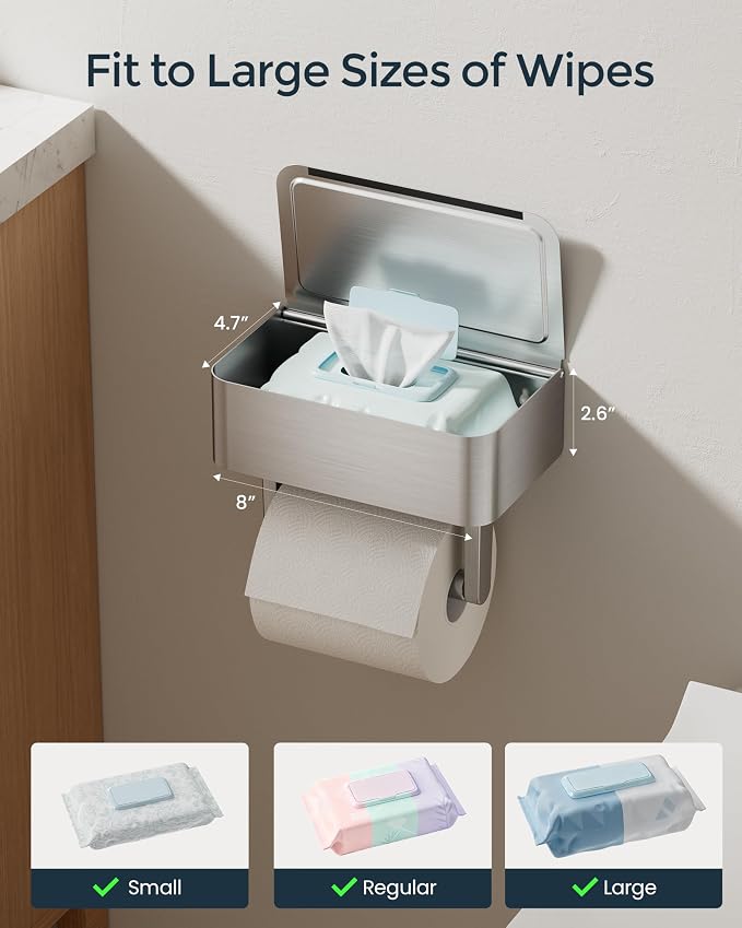 Toilet Paper Holder, Stainless Steel Wall Mount Bathroom Organizer with Shelf, Flushable Wipes Dispenser Storage Fits Any Bathroom and Hide Your Wet Wipes, Regular Roll (nickel)
