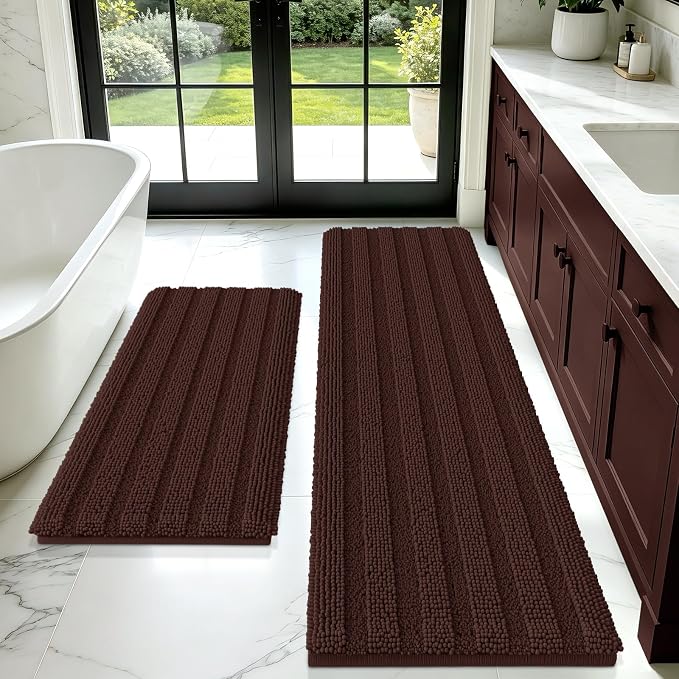 Striped Brown Bathroom Rug Mat Set 2 piece 32"x20"+60"x20" Ultra Soft, Non Slip Chenille Bath Rugs, Absorbent Plush Shaggy Bath Mats for Bathroom, Bedroom, Kitchen, Shower, Tub