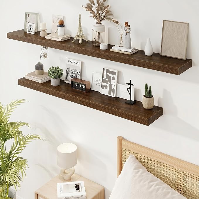 9.25in Depth 55in Floating Shelves, 55"W x 9.25"D x 1.5"H, Walnut, 2Pcs | Long Wall Mounted Engineered Wood Shelves for Wall with Invisible Brackets for Living Room, Bedroom, Bathroom, Kitchen