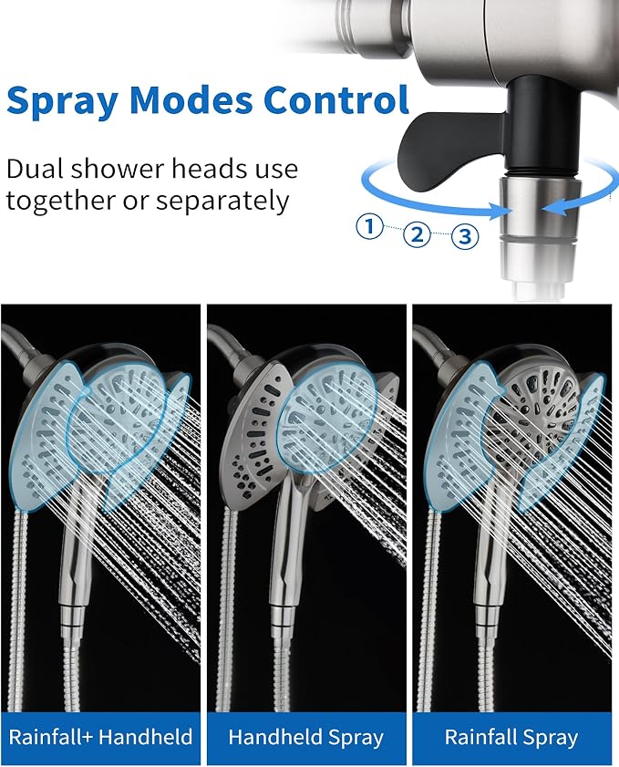 2 in 1 Shower Head with Handheld Combo High Pressure Nickel 1.8 GPM | 7.2" Rain Showerhead and 9 Spray Hand Held Shower, Adjustable Shower Angle, 59-inch Rotatable Stainless Steel Hose