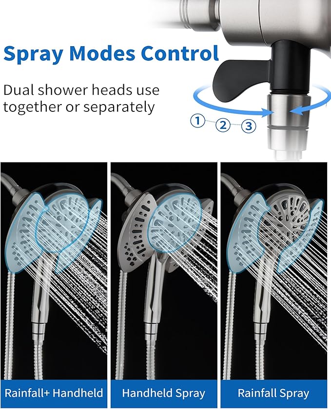 2 in 1 Shower Head with Handheld Combo High Pressure Nickel 2.5 GPM | 7.2" Rain Showerhead and 9 Spray Hand Held Shower, Adjustable Shower Angle, 59-inch Rotatable Stainless Steel Hose