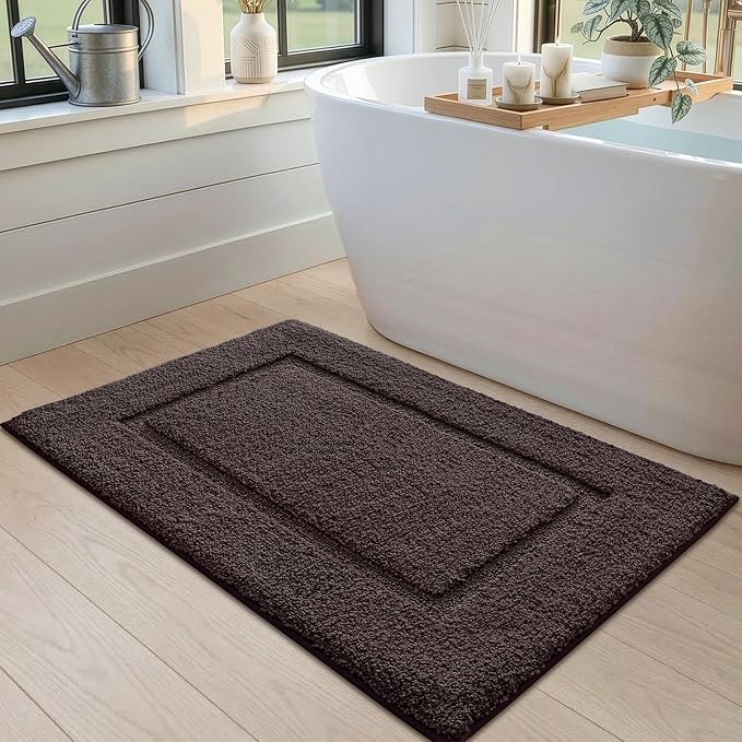 DEXI Bath Mat 24x16, Absorbent and Non Slip Bathroom Rugs, Brown | Soft Plush Microfiber Bathmat, Machine Washable & Quick Dry, Rubber Back Small Rug for Shower, Tub, Sink