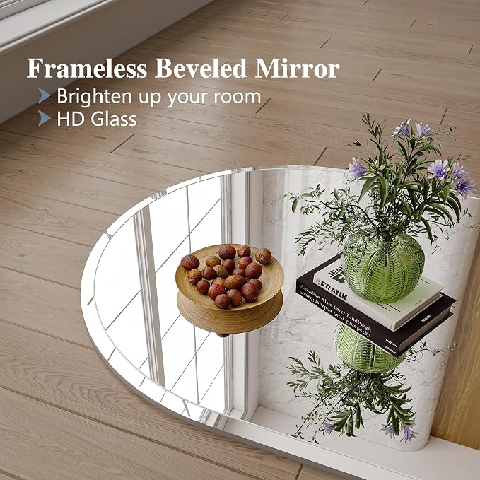 Frameless Bathroom Mirror, 20"x30" Beveled Arched Vanity Mirrors | Frameless, 15mm beveled edge, 5mm HD glass, shatterproof, anti-rust, french cleat, for bathroom/bedroom/entryway