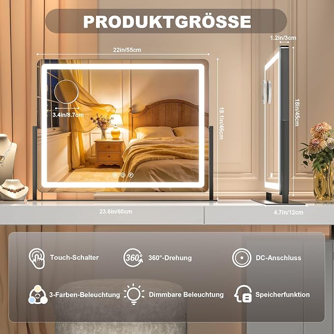 Hasipu Vanity Mirror with Lights, 24.2" x 20" LED Make up Mirror, Light up Mirror with 10X Magnification, Smart Touch 3 Colors Dimmable, Brightness Adjustment, 360° Rotation (Black)
