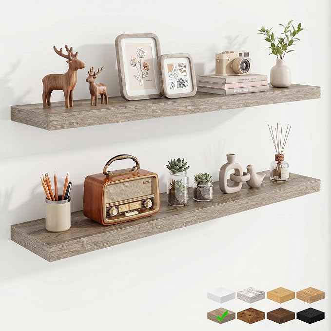 Marsmiles 9.25in Depth 48in Floating Shelves, 48x9.25x1.4, Grey, Set of 2 | Long Wall Mounted Engineered Wood Shelves with Invisible Brackets for Living Room, Bedroom, Bathroom, Kitchen