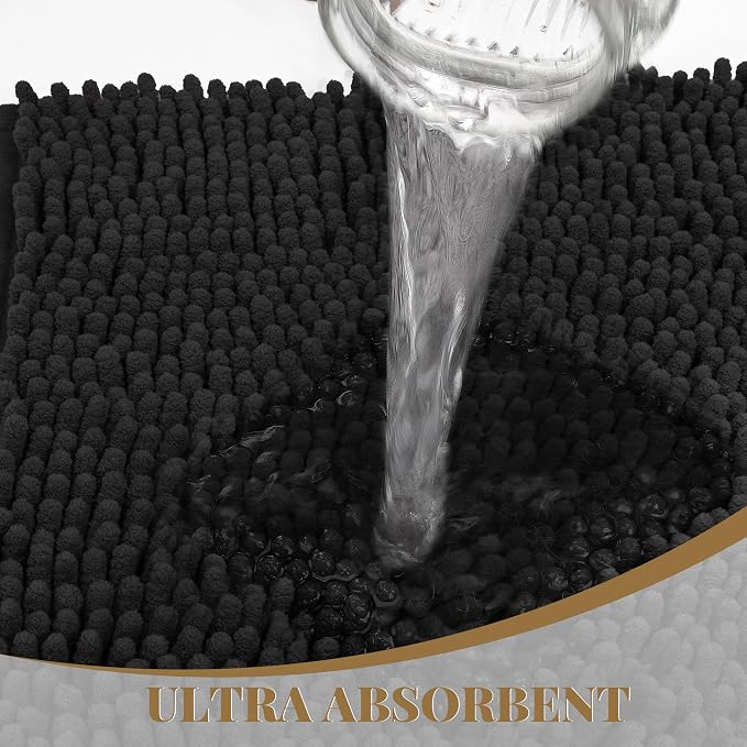 Bathroom Rugs Mat 60 x 36, Thick Soft Absorbent Chenille Bath Rugs, Rubber Backing Bath Mats for Bathroom Floor, Tub, Shower, Bedroom, Home Decor Accessories, Quick Dry Machine Washable, Black