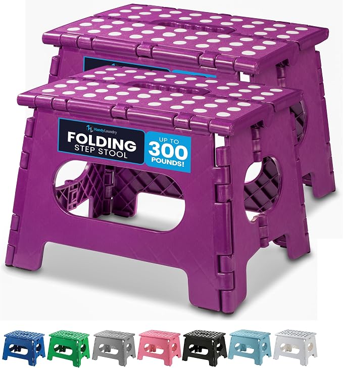 Handy Laundry Folding Step Stool 9 Inch 2-Pack, Purple, Holds 300 lbs | 2-Pack, 9 Inch, Purple, Foldable Collapsible Step Stool, Non-Slip, Holds 300 lbs, Kitchen Bathroom Bedroom, Adults