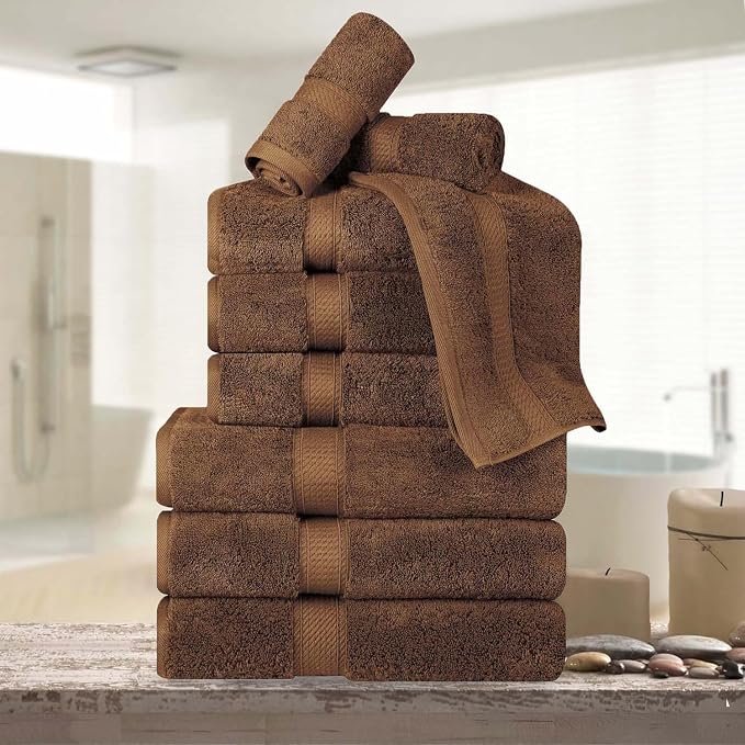 Superior Egyptian Cotton 800 GSM Plush & Absorbent, 9 Piece Set, Chocolate | Quick Dry, Soft Luxury Towel Set, Bath Essentials, Guest Bath, Spa, 3 Bath, 3 Hand, 3 Face Towel, Madeline Towels