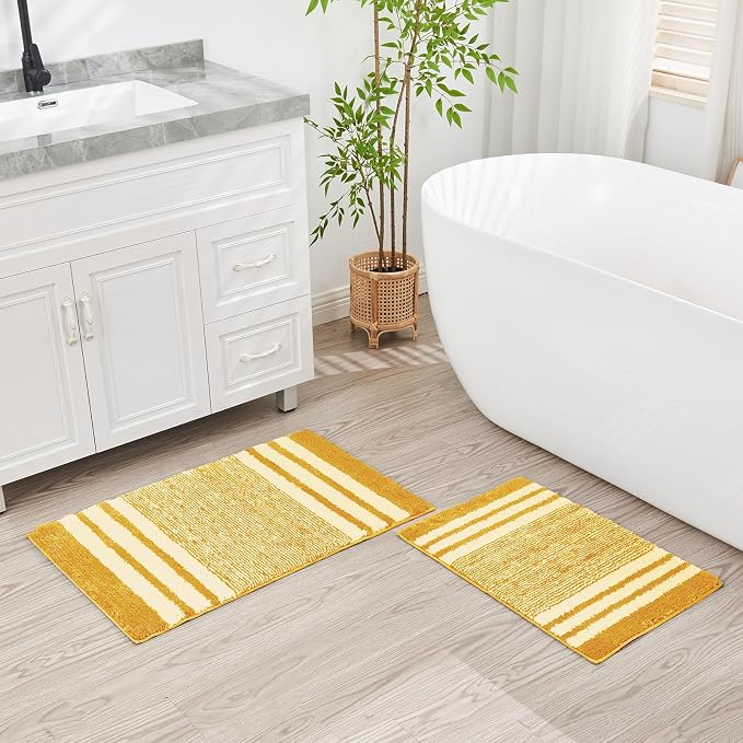CozeCube Harvest Gold Striped 32"x20" Non Slip Washable Bath Mat | For Bathroom, Fluffy Absorbent Microfiber Bath Mats Machine Wash, Stylish Cute Aesthetic Bathroom Rugs
