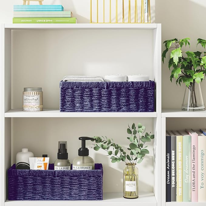 Wicker Storage Basket, Paper Rope Wicker Baskets with Handles, Toilet Paper Basket for Toilet Tank Top, Small Wicke Baskets for Organizing Shelves, 2-Pack, Purple