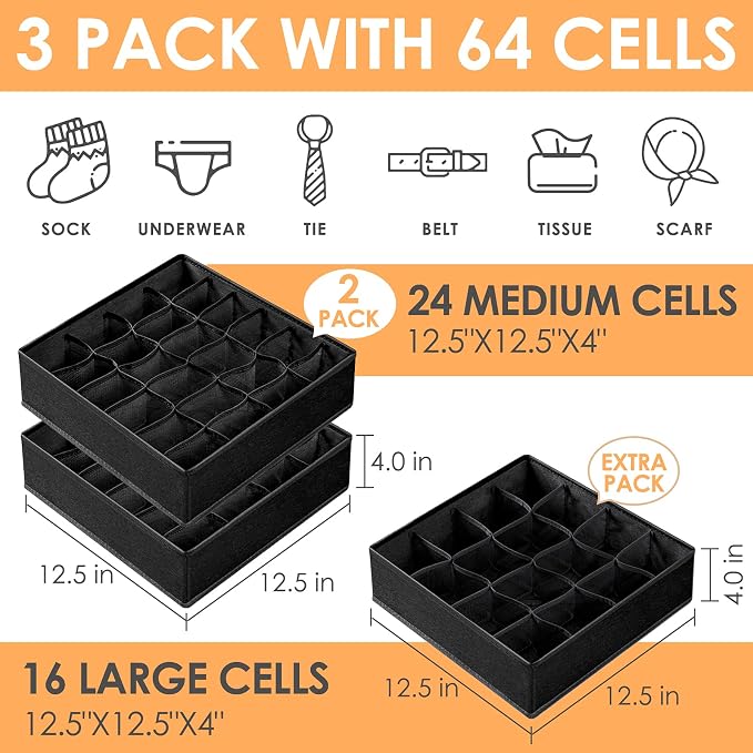 3 Pack Sock Underwear Organizer Dividers, 64 Cell Fabric Foldable Cabinet Closet Organizers and Storage Boxes for Storing Socks, Underwear, Ties (16+24+24 Cell, Black)