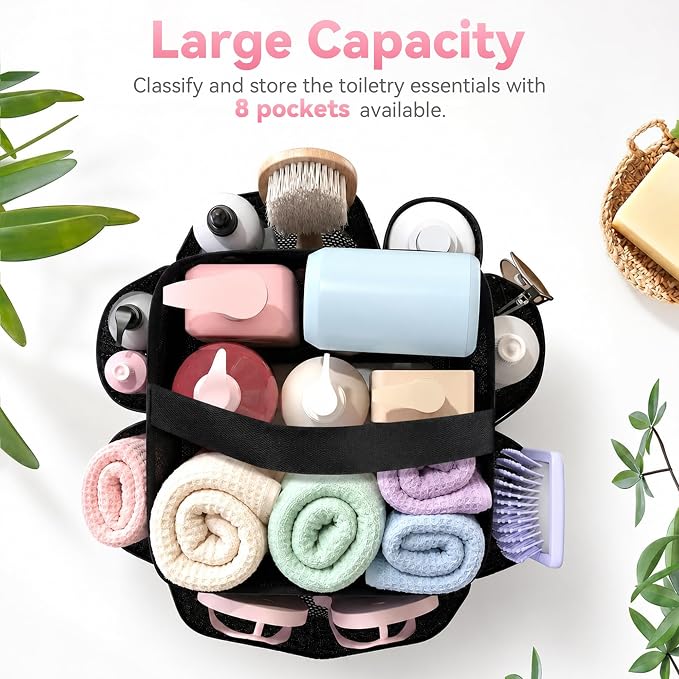 Mesh Shower Caddy Portable for Dorm College Room Essentials, 8-Pocket Large Shower Bag with Single Handles, Hanging Shower Basket for Beach, Swimming, Bathroom, Beach, Black