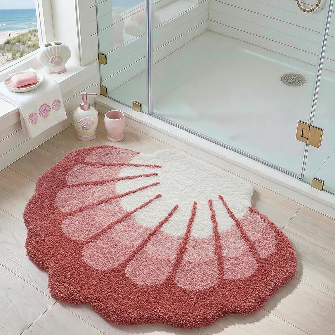 DEXI Cute Seashell Bath Mat, Coastal Scallop Bathroom Rug, 31x24 Pink | Soft and Absorbent Microfiber, Non Slip, Machine Washable Bathmat for Shower Floor, Bedroom, Kids Room, Home Decor