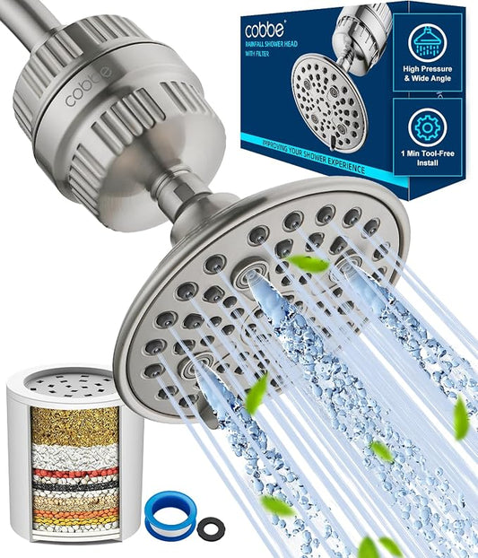 Cobbe 6 Spray High Pressure Filtered Shower Head for Hard Water Combo | Rain Showerhead with 20 Stage Water Softener for Healthier Skin & Hair Remove Chlorine and Harmful Substances, Brushed Nickel