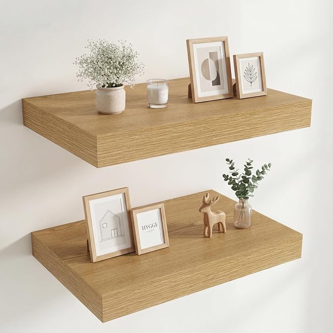 Vivelove Floating Shelves for Wall 18x12” Set of 2, Oak | Easy Install With Hardware, 2" Thick, Invisible Brackets, Wall Mounted, No Sagging, For Any Room