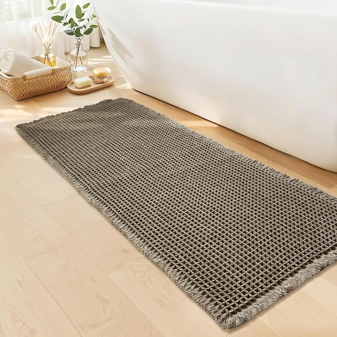 Waffle Bath Mat, Boho Bathroom Rugs Non Slip Washable, 20" x 48" | Super Absorbent Quick Dry Bath Mat, Boho Bathroom Mats, Soft Waffle Weave Farmhouse Bathroom Decor, Olive Green