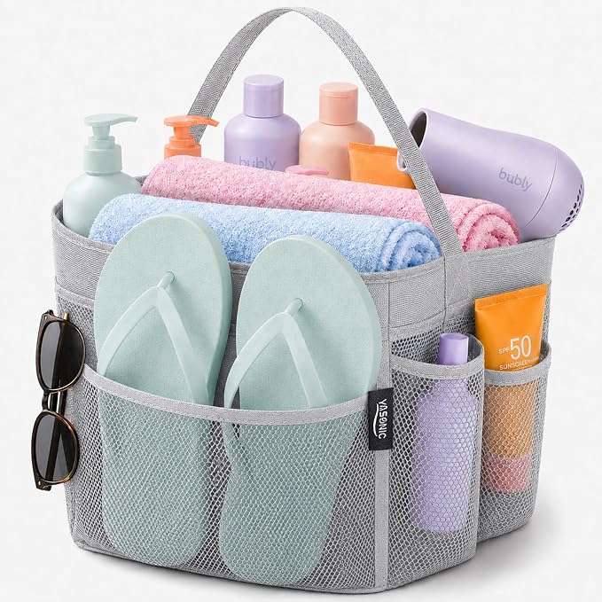 Mesh Shower Caddy Portable for Dorm College Room Essentials, 8-Pocket Large Shower Bag with Single Handles, Hanging Shower Basket for Beach, Swimming, Bathroom, Beach, Grey