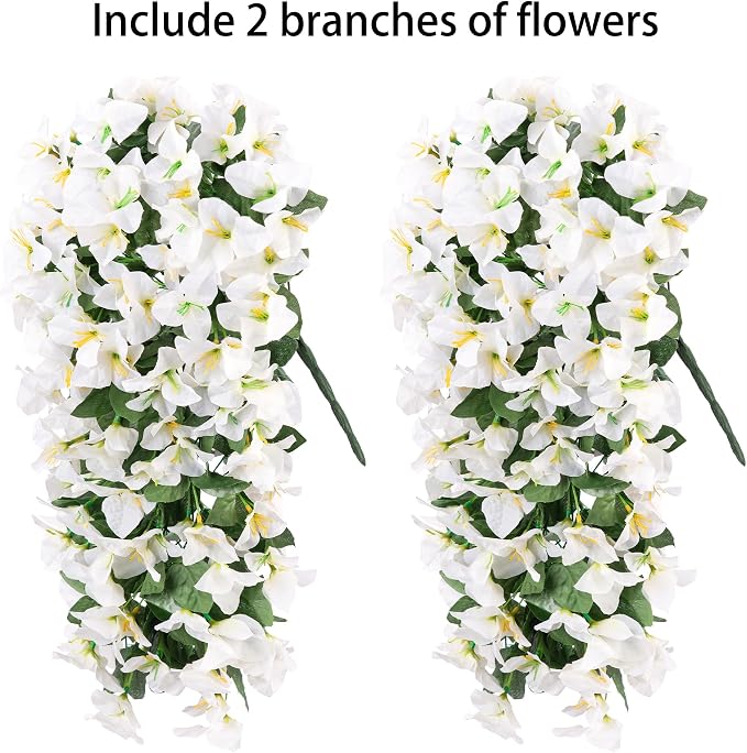 Faux Bougainvillea Artificial Flowers for Outdoors Fake Plants Outside Decoration, 2 PCS White Faux Flowers UV Resistant Look Real Silk Long Trailing Vines for Front Door Porch Planter Patio Garden